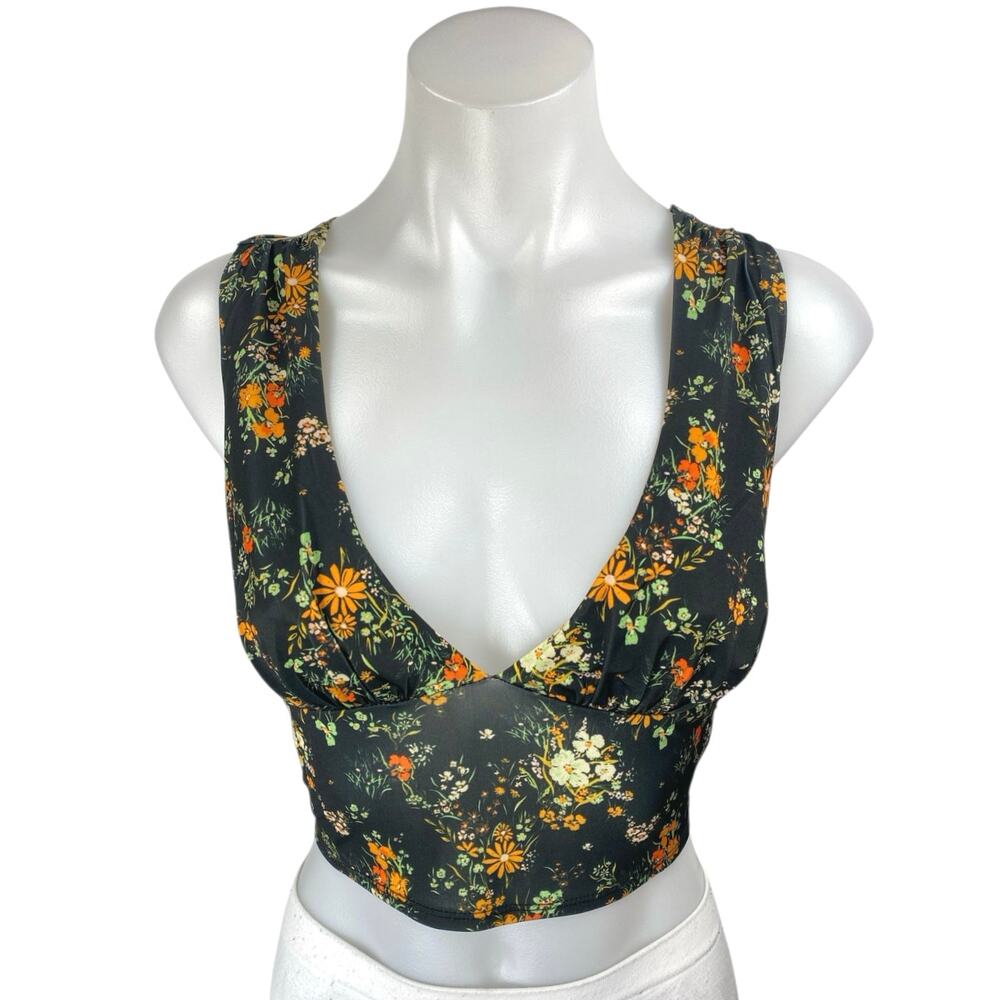 Urban Outfitters Multicolor Floral Sleeveless Plunging Tie Back Crop Top Size S